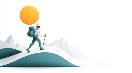 Obraz premium Hiker Navigating Abstract Landscape with Sun and Mountains