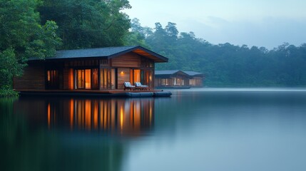 Fototapeta premium Serene Lakeside Cabins: Tranquil Getaway in Lush Forest