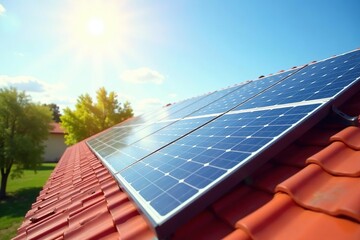 Solar panels on a rooftop generating clean energy, sunny day , clean power, climate change