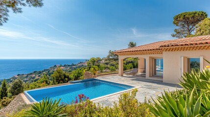 Fototapeta premium Luxury Villa with Swimming Pool Overlooking the Mediterranean Sea in Southern France Landscape View