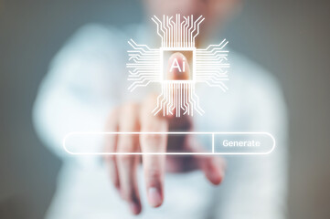 A man in a white suit is pressing an AI button to enter details for the AI ​​generator.