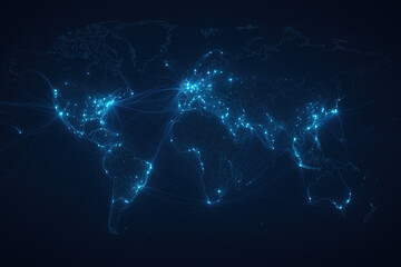 a digital world map in dark blue tones with glowing neon lines representing global trade routes