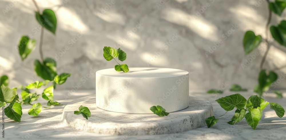 Poster a minimalist display featuring a round. white pedestal with a smaller circular top. surrounded by gr