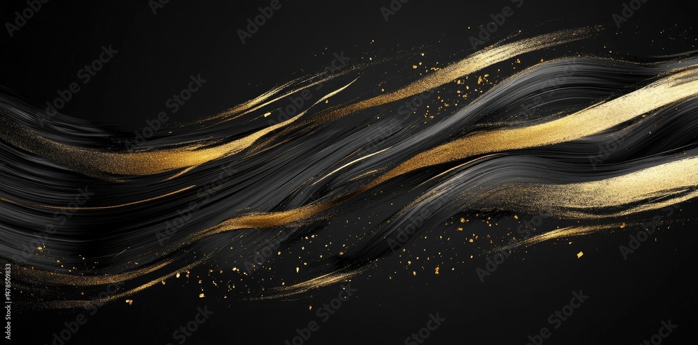 Poster abstract composition featuring bold black and gold textures. showcasing dynamic brush strokes and sh