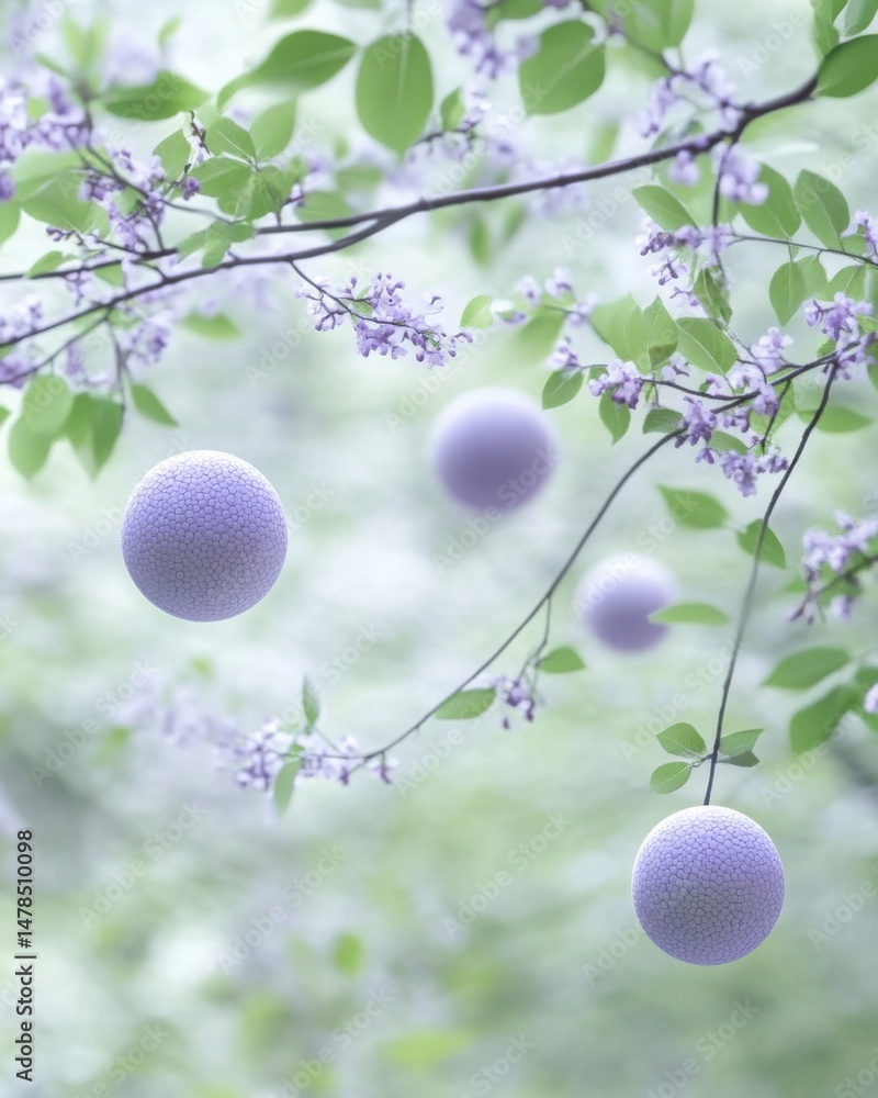 Aufkleber spherical abstract objects hanging from tree branches with purple flowers in a soft focus nature sce