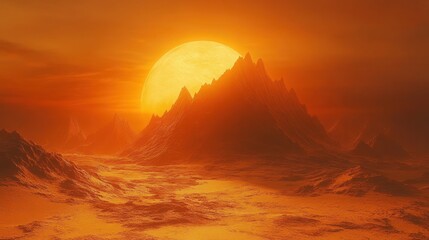Fiery Sunset over Desolate Mountains: A Digital Painting of an Alien Landscape