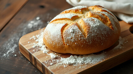 Autolyse. Bread is sitting on wooden board with flour on it