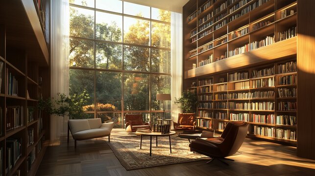 Sunlit library with floor-to-ceiling bookshelves and a large window overlooking nature