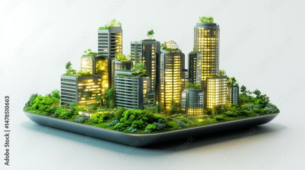 Poster futuristic urban architecture with green spaces and illuminated structures