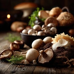 assorted fresh mushrooms on rustic wooden table

