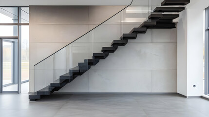 Obraz premium Modern Black Staircase With Glass Railing In Open Plan Contemporary Interior