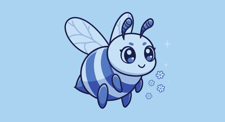 Stylized Blue Bee Illustration with Veined Wings and Striped Abdomen