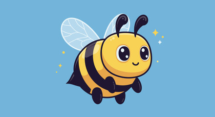 A Vibrant Cartoon Bee in Flight Against a Light Blue Background