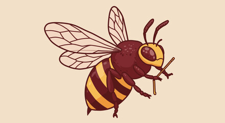 Cartoon Bee with Brown and Yellow Stripes and Veined Wings