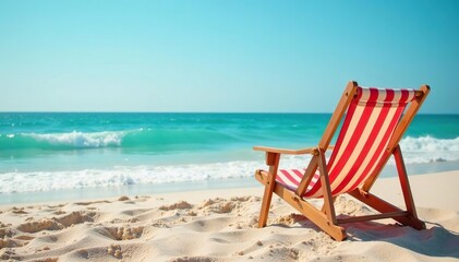 Beach chairs empty on a sunny spring break shore, ocean waves gently lapping , horizon, paradise