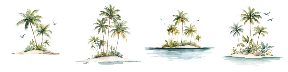 Obraz premium Tropical island landscapes featuring lush palm trees, calm waters, and serene sandy beaches in a soft watercolor style, perfect for travel or vacation-themed designs