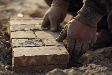 Hands Laying Bricks in Construction Work