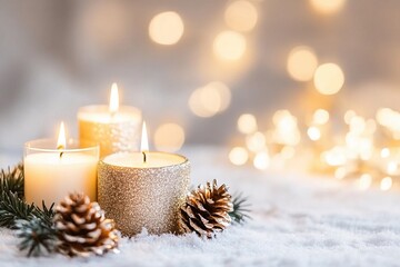 Candles with golden shimmer and pine cones rest on soft snow with festive bokeh in the background, creating a warm and elegant winter holiday atmosphere.