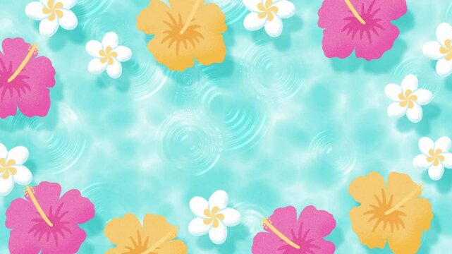 summer background with hibiscus and plumeria flowers floating in water animation