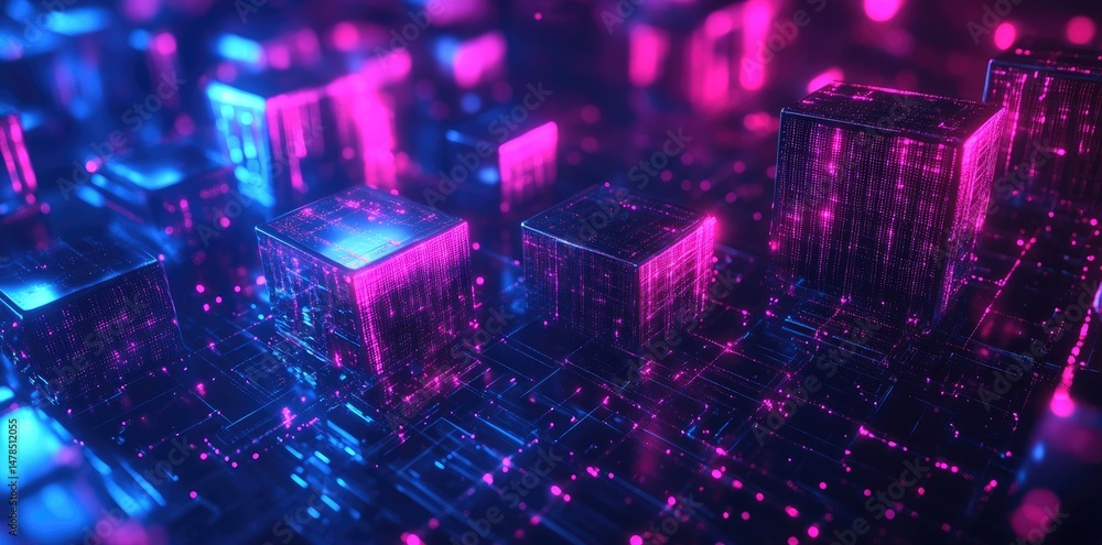 Poster a vibrant digital landscape showcasing interconnected glowing cubes in a futuristic setting. with a 