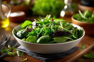 fresh salad greens mix in white bowl