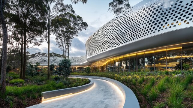 Modern stadium faade with perforated metal cladding and LED lighting along the perimeter