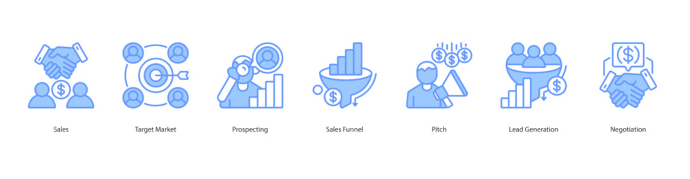 Sales Process banner web icon sheet vector illustration concept with icon of  sales, target market, prospecting, sales funnel, pitch, lead generation, negotiation