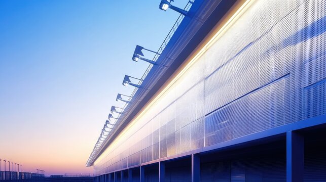 Modern stadium faade with perforated metal cladding and LED lighting along the perimeter