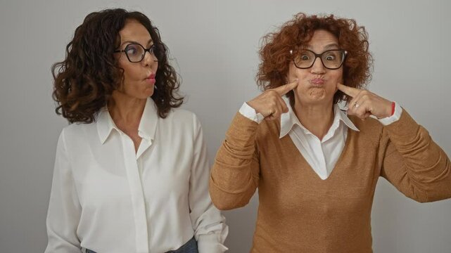 Hispanic women friends making funny faces and laughing together against a white background, showcasing mature female friendship and joy.