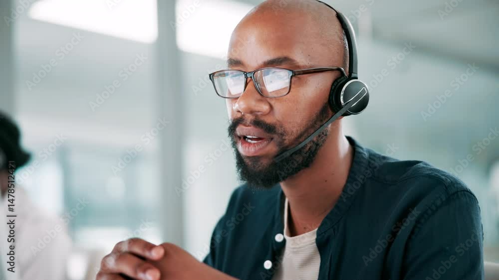 Poster call center, computer and man in office talking for customer service, crm support and consulting. pr