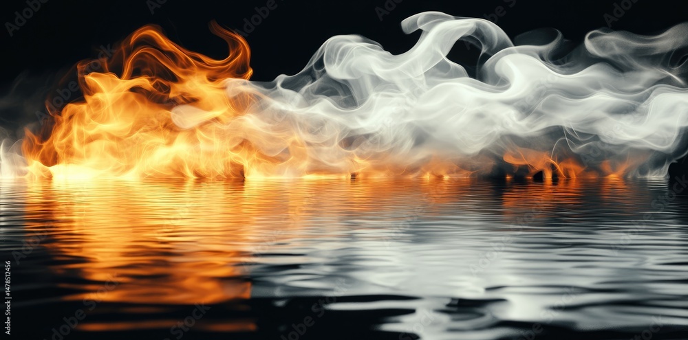 Poster a mesmerizing scene of flames reflected on a calm water surface. surrounded by swirling smoke. creat