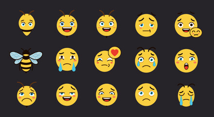 Expressive Bee Emojis Displaying Various Emotions and Facial Expressions