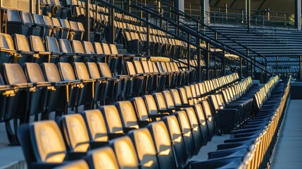 Fototapeta premium Oblique view of empty tiered stadium seating with handrails forming diagonal lines across the frame