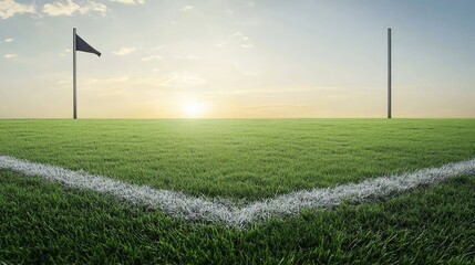 Obraz premium Overhead stadium image with visible corner flag and goalposts in symmetry from the sky