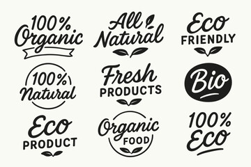 Fototapeta premium Hand drawn organic and eco friendly food labels and natural product vector badges set