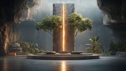 Ancient portal with glowing light, lush greenery, and tranquil stone architecture