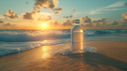 Tranquil plastic water bottle on beach at sunset