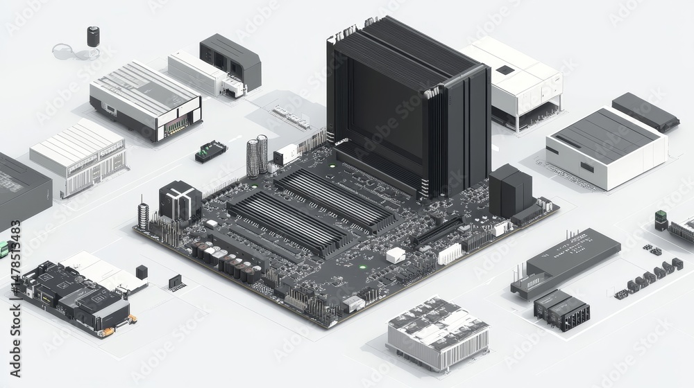 Aufkleber modern computer motherboard with surrounding hardware components