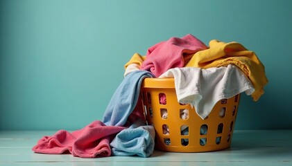 Overfilled laundry basket overflowing with clothes, fabric, and textiles , domestic, heap, wrinkled
