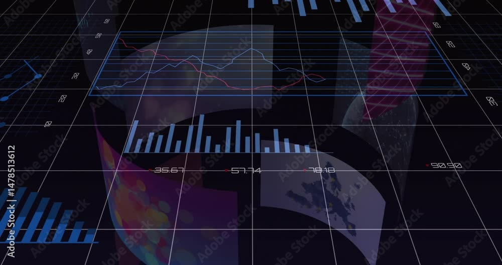 Poster central panel displaying two colored line graphs floating on dark grid, including heatmap and map