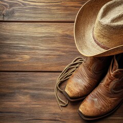 Cowboy boots and hat on rustic wood surface flat lay western style apparel and accessory for rancher or rodeo