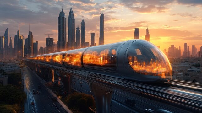 Futuristic Hyperloop Train at Sunset Over a Modern Cityscape