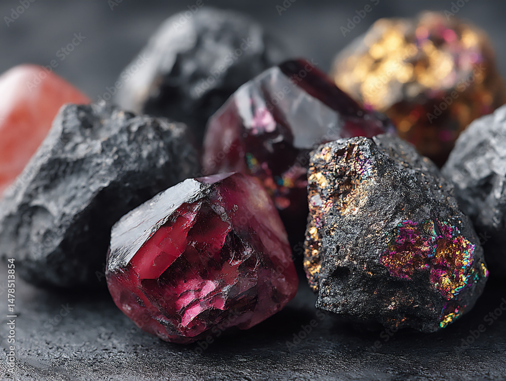 Poster artistic rendering of fragmented black and iridescent shards arranged on a dark textured surface, ev
