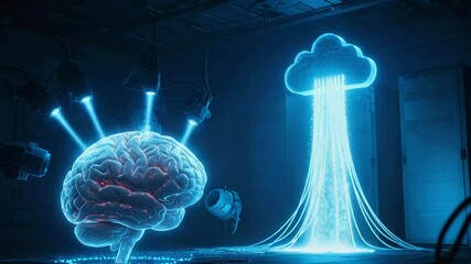 Futuristic depiction of a glowing brain connected to a digital cloud, showcasing advanced technology and creativity - Powered by Adobe