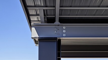 Structural detail of a football stadium's steel beams and support towers under daylight