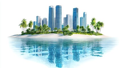 Tropical Island Oasis with Modern Skyscrapers and Reflective Water