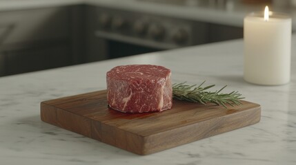 Raw meat served on a board with rosemary and a candle