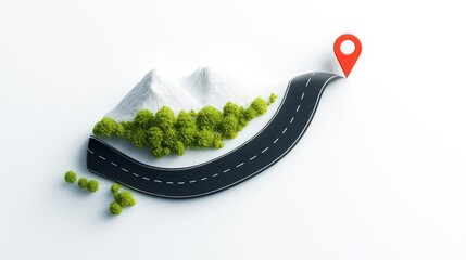 Scenic Road with Mountains and Location Pin on Clean Background