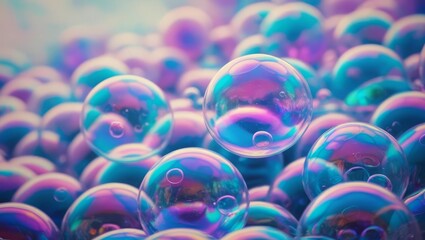 Iridescent Soap Bubbles Cluster Displaying Teal Purple and Pink Hues with Reflected Surfaces