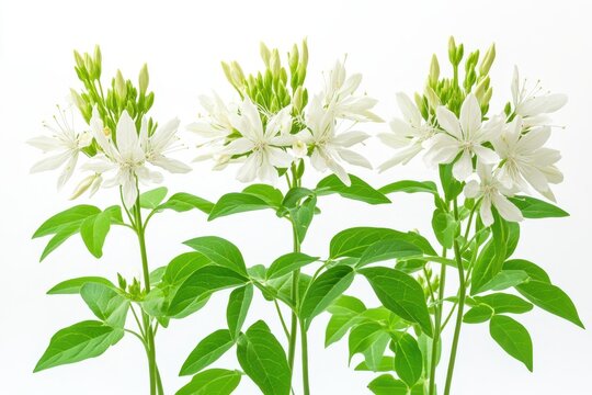 Three cleome hassleriana plants with white blooms isolated on white. It's perfect for botanical illustration or nature-themed design.